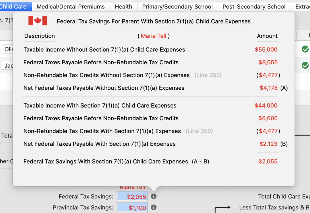 Federal Tax Savings Details for Marie