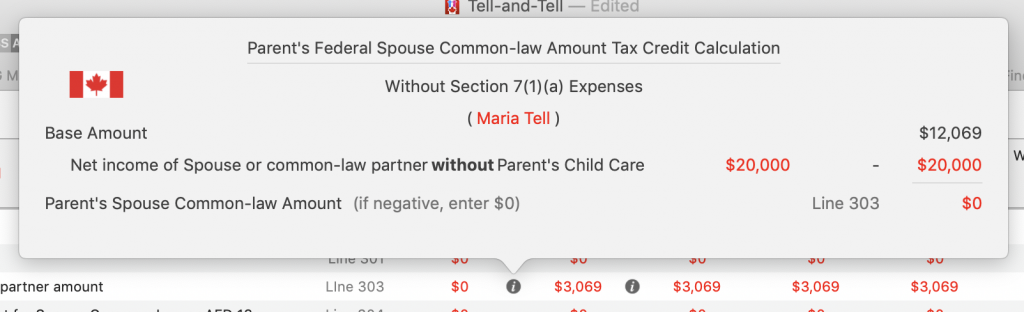 Maria's Line 303 Spouse / common law Tax Credit Amount Without Child Care