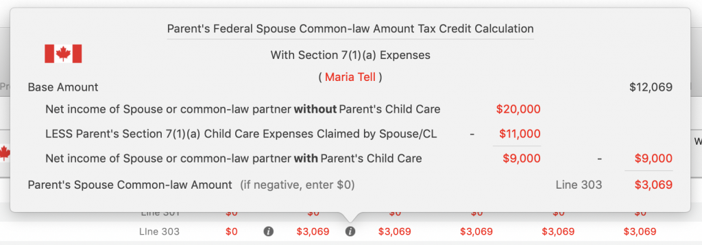 Maria's Line 303 Spouse / common law Tax Credit Amount With Child Care