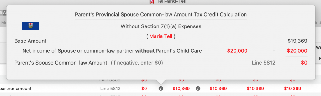 Maria's Line 5812 Spouse / common law Tax Credit Amount Without Child Care