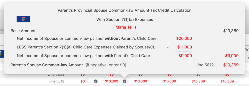Maria's Line 5812 Spouse / common law Tax Credit Amount With Child Care