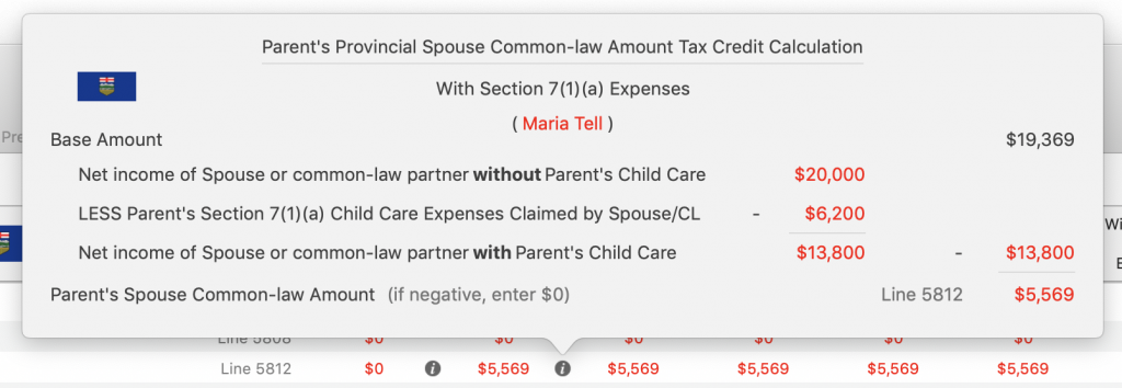 Maria's Line 5812 Spouse / common law Tax Credit Amount Without Child Care