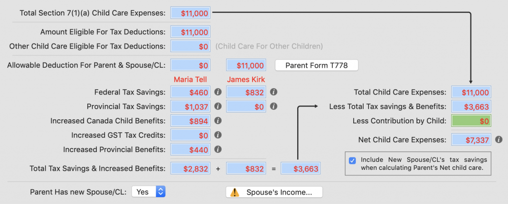 Child Care Expenses Net Costs Calculation With New Spouse Common Law With $20,000 in Income